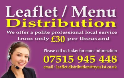 Leaflet/ menu distribution, Bromsgrove, Redditch, Droitwich and surrounding areas